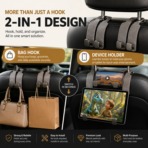 🚗 2-in-1 Car Headrest Organizer Hook & Phone Holder – Keep Bags Secure & Your Car Clutter-Free