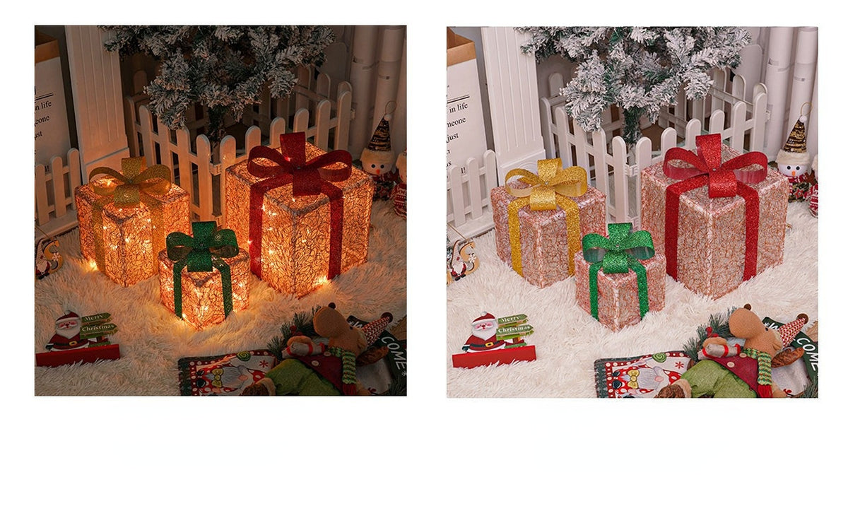 🔥Christmas Sale🎁3pc Festive Christmas Ornaments Set with Gift Box - 8 Modes, Remote Control, Warm Light LED, Ribbon Accents, DIY Assembly