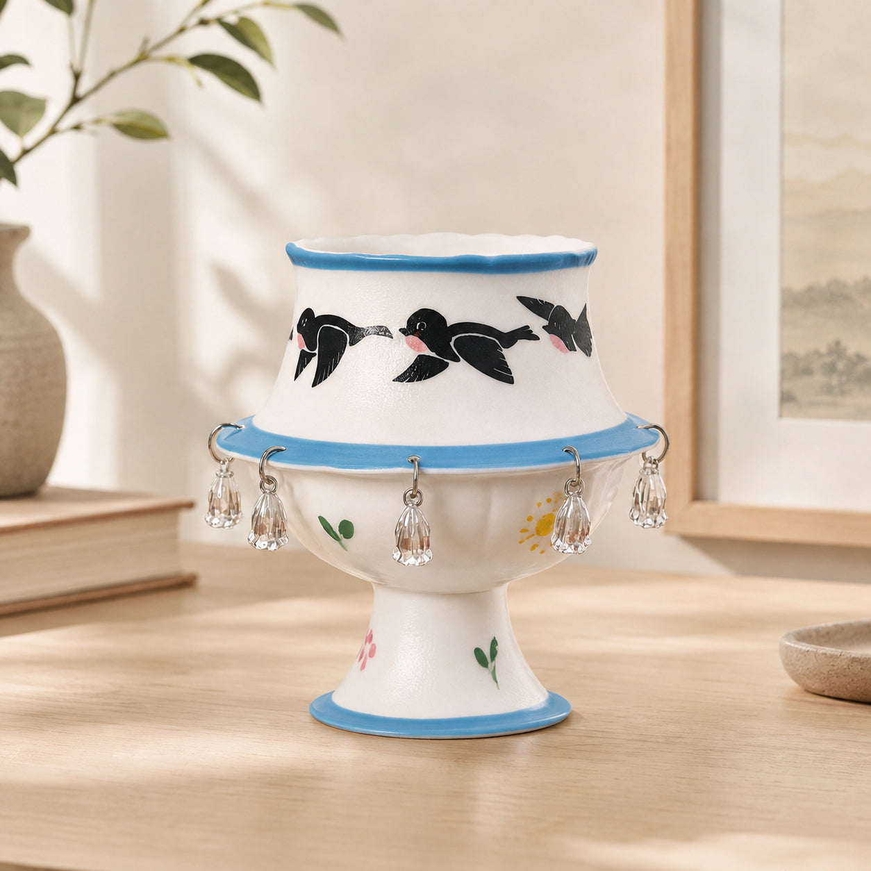 Rotating Bird Ceramic Cup Decor – Handmade Spinning Bell Tabletop Ornament
