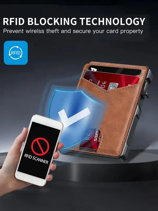 ⚡Wallet for Men - with Pop Up Aluminum Case Slim Leather Slots Credit Card Holder RFID Blocking Bifold Minimalist Wallet