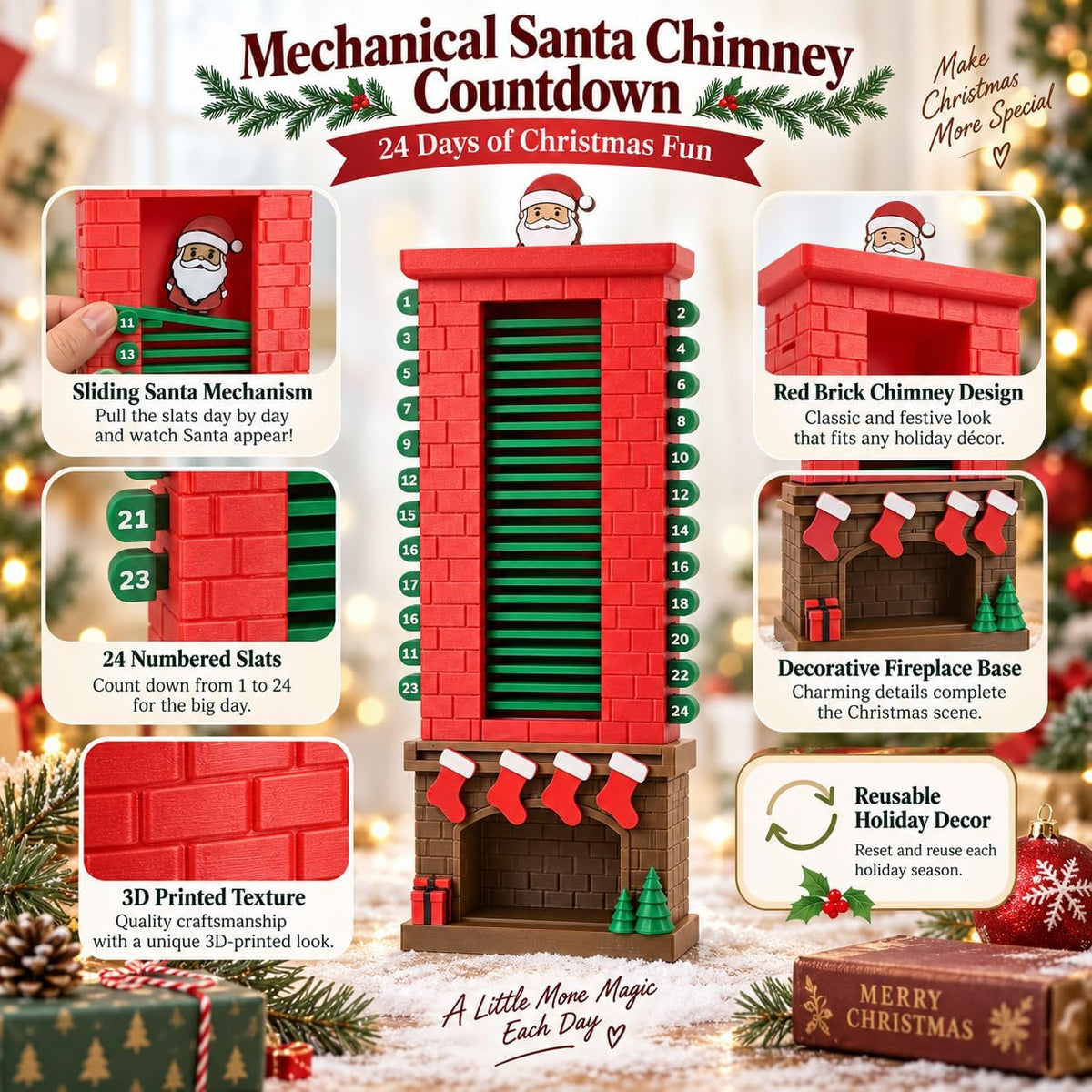 🎅 3D Printed Santa Chimney Advent Calendar – 24-Day Christmas Countdown 🎄