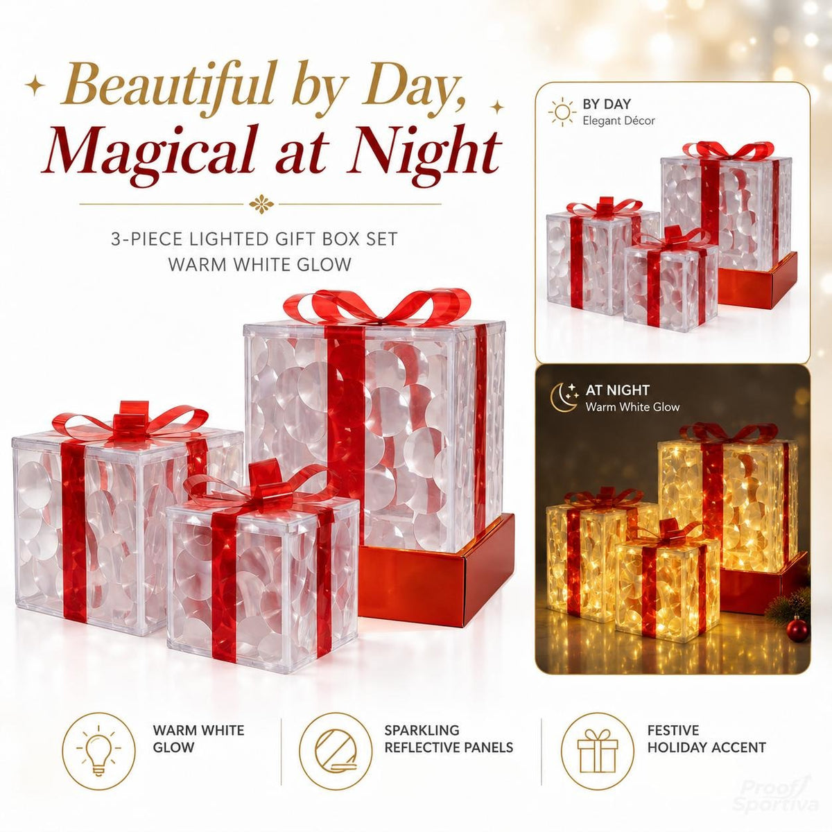 🔥Christmas Sale🎁3pc Festive Christmas Ornaments Set with Gift Box - 8 Modes, Remote Control, Warm Light LED, Ribbon Accents, DIY Assembly