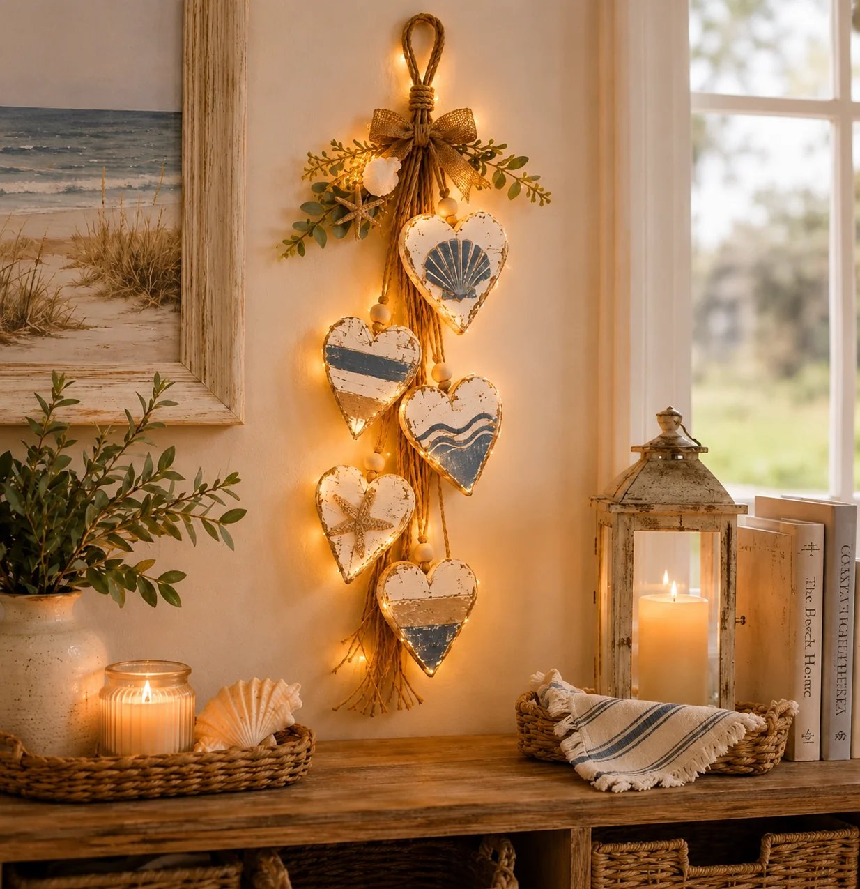 Rustic Hanging Heart Wall Decor with Optional Warm Lights