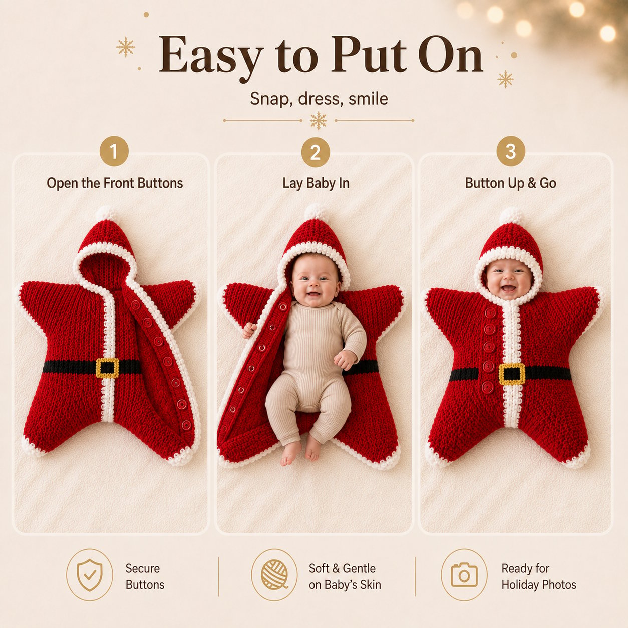 🎅 Baby’s First Christmas Keepsake Star Outfit | One Size Fits Most Babies, Soft Knitted Santa Cocoon with Front Button Opening for Holiday Photos ✨
