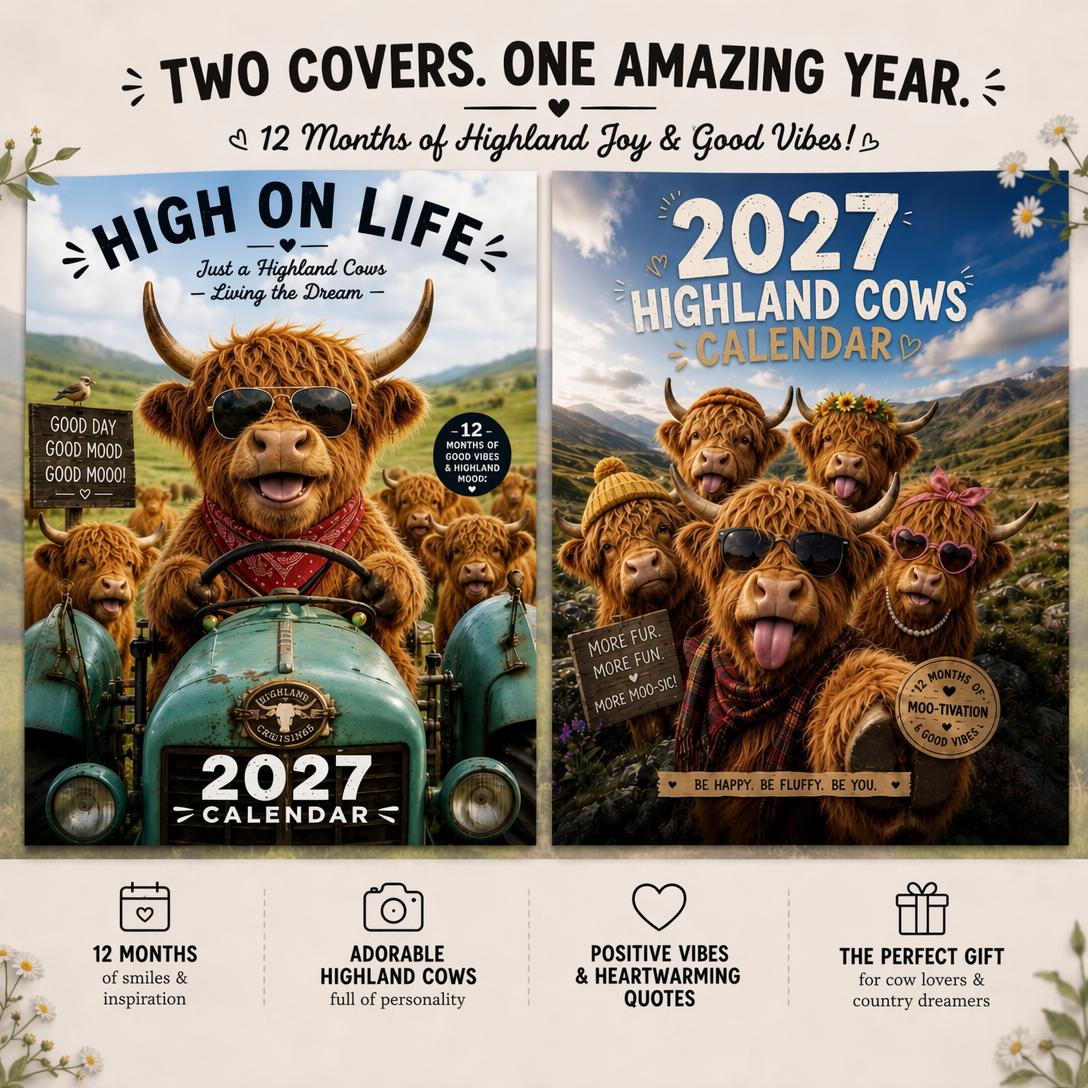 🐮🎁2027 Funny Highland Cows Wall Calendar | A4 Hanging Calendar