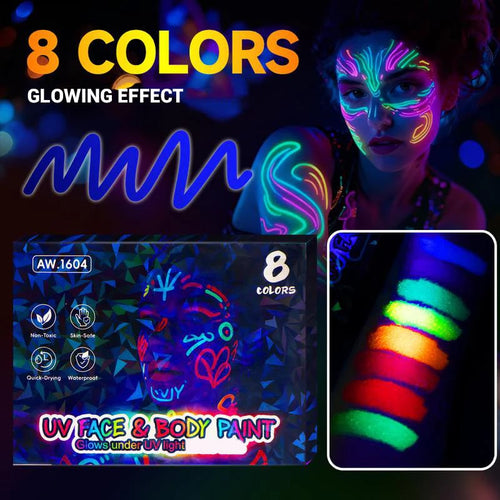 🌈UV Glow Face Paint Markers — 8-Piece Neon Set for Blacklight Parties