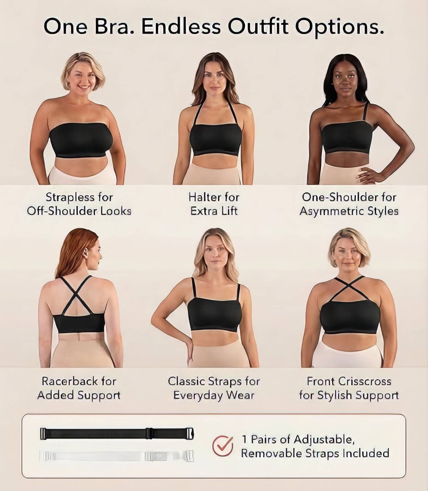 ✨ Convertible Strapless Bandeau Bra with Wireless Comfort, Anti-Slip Grip 👍Suitable for All Body Types