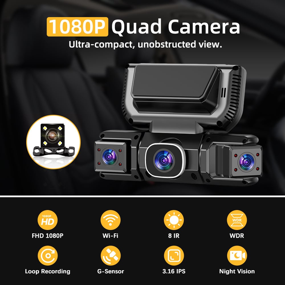 4-Channel Dash Cam Built-in WiFi, Full HD Dual Dash Camera for Cars Front