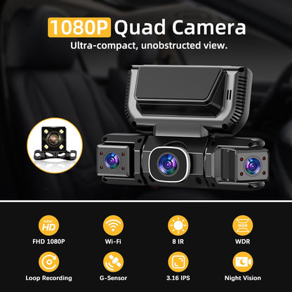 4-Channel Dash Cam Built-in WiFi, Full HD Dual Dash Camera for Cars Front