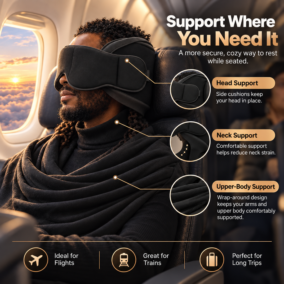 ✈️ 3-in-1 Travel Sleep Support – Block Light, Support Your Head & Rest More Comfortably
