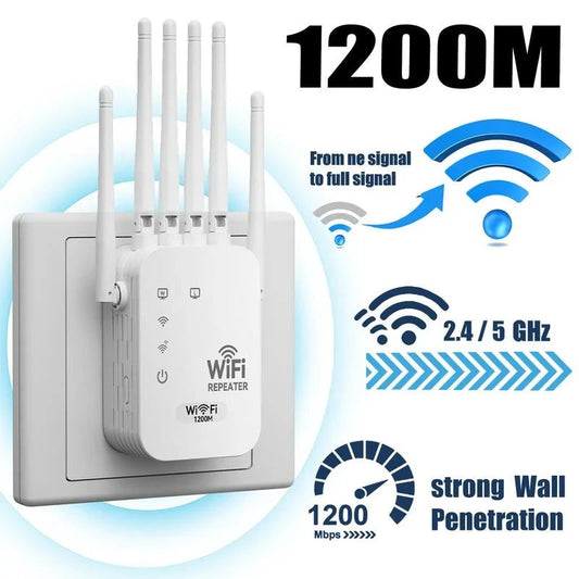 💯📶 Stop WiFi Dead Zones – Dual-Band 1200Mbps WiFi Extender with 6 Antennas）