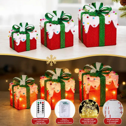 🔥Christmas Sale🎁3pc Festive Christmas Ornaments Set with Gift Box - 8 Modes, Remote Control, Warm Light LED, Ribbon Accents, DIY Assembly