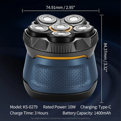 Cordless Electric Head Shaver, 6 Dual-Track Rotary Blades, Waterproof Wet & Dry Use