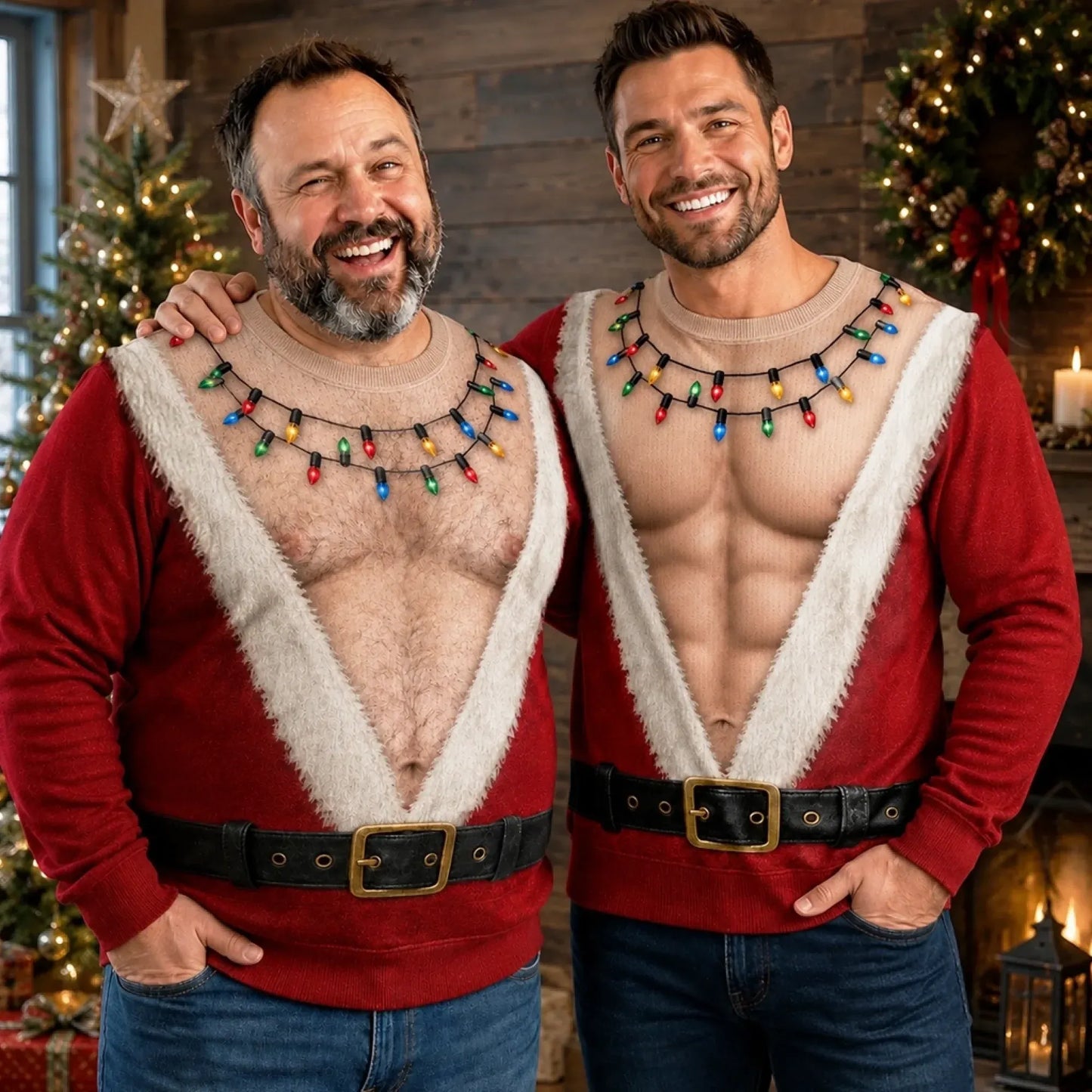 Funny Hairy Chest Santa Light Up Graphic Sweatshirt Christmas Sweater