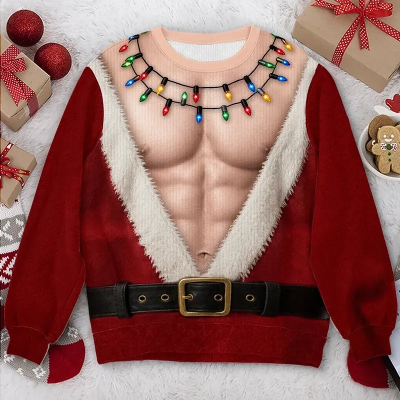 Funny Hairy Chest Santa Light Up Graphic Sweatshirt Christmas Sweater
