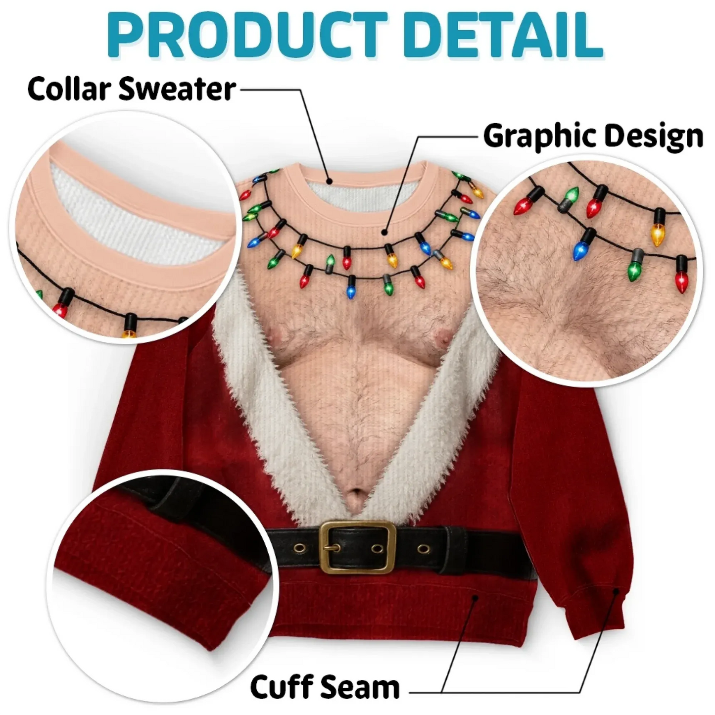 Funny Hairy Chest Santa Light Up Graphic Sweatshirt Christmas Sweater