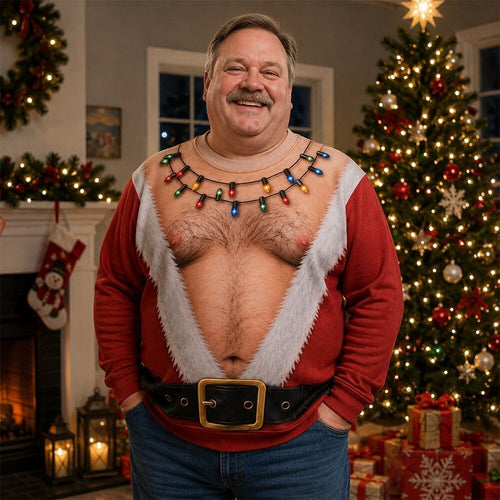 Funny Hairy Chest Santa Light Up Graphic Sweatshirt Christmas Sweater