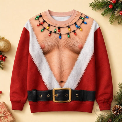 Funny Hairy Chest Santa Light Up Graphic Sweatshirt Christmas Sweater