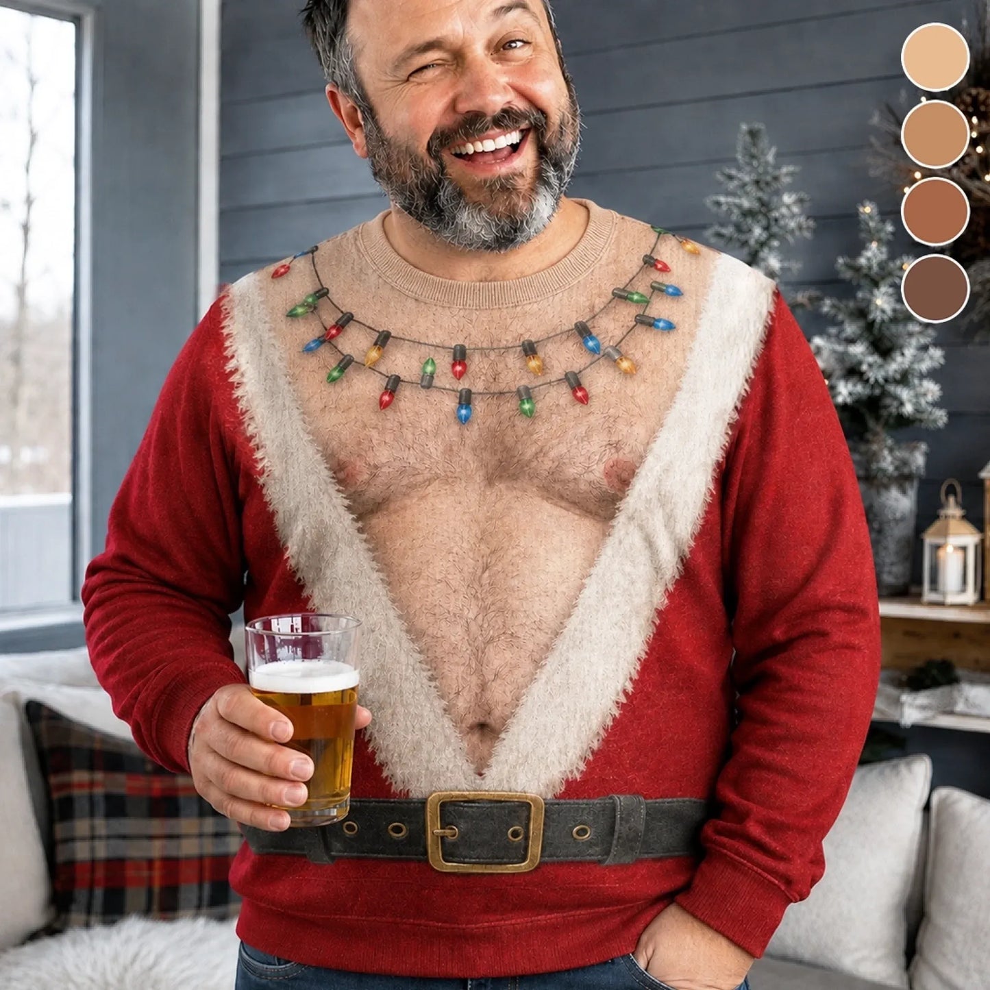 Funny Hairy Chest Santa Light Up Graphic Sweatshirt Christmas Sweater
