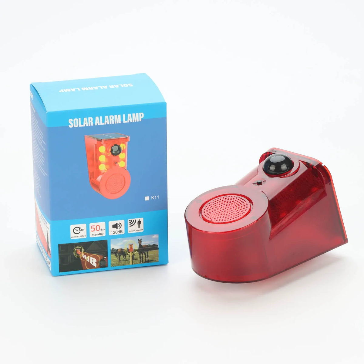 Solar Outdoor Motion Sensor Alarm - Dog Barking & Gunshot Sound, Support Recording and Volume Adjustment, 130dB Noise with Flashing Light to Deter Raccoon, Deer, Skunk, Bear, Coyote