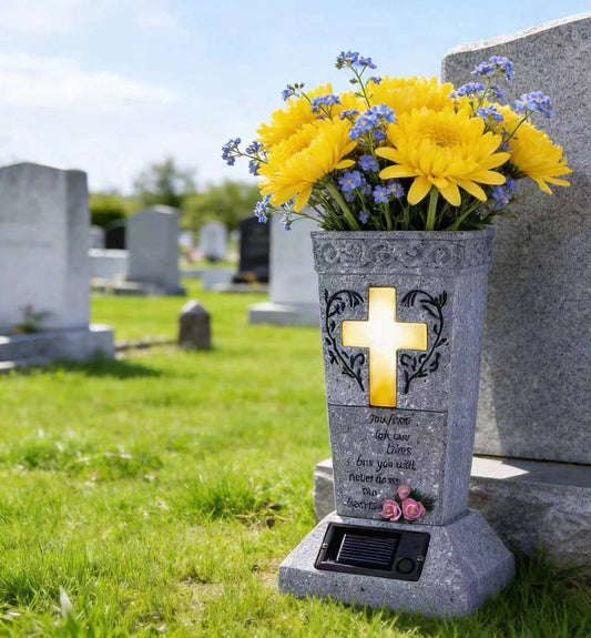 🕊️ Solar Memorial Cemetery Flower Vase with LED Light, Cross & Ground Spikes