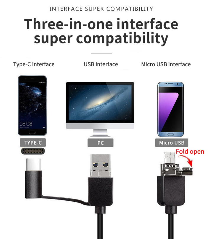 Cámara endoscópica industrial con cámara serpiente USB 3 en 1 para endoscopio de tipo C, Android y PC